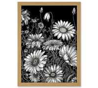 Artery8 Daisy Flower Field Black and White Illustration Artwork Framed A3 Wall Art Print