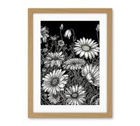 Artery8 Daisy Flower Field Black and White Illustration Artwork Framed Wall Art Print 18X24 Inch