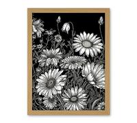 Artery8 Daisy Flower Field Black and White Illustration Artwork Framed Wall Art Print 18X24 Inch