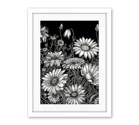 Artery8 Daisy Flower Field Black and White Illustration Artwork Framed Wall Art Print 18X24 Inch