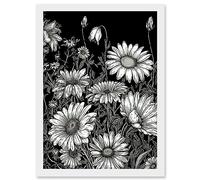 Artery8 Daisy Flower Field Black and White Illustration Artwork Framed Wall Art Print A4