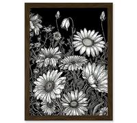 Artery8 Daisy Flower Field Black and White Illustration Artwork Framed Wall Art Print A4