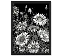 Artery8 Daisy Flower Field Black and White Illustration Artwork Framed Wall Art Print A4
