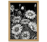 Artery8 Daisy Flower Field Black and White Illustration Artwork Framed Wall Art Print A4