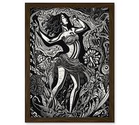 Dancing in a Flower Field Modern Tribal Linocut Artwork Framed Wall Art Print A4 Artery8 Brown One Size