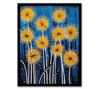 Wall Art Print Dandelion Flower Seeds Gond Style Painting Blue Yellow Abstract Summer Meadow Patterns Artwork Framed Artery8 Blue A4