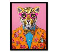 Artery8 Dandy Leopard Floral Suit Glasses Bow Tie Vibrant Framed Art Print | Size: W12" x H16" Artery8 Multicolor W12" x H16"