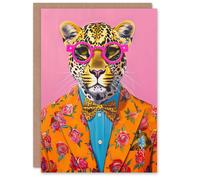 Artery8 Greeting Card Dandy Leopard Floral Suit Glasses Bow Tie Vibrant Blank For Him Or Her Art Birthday Card