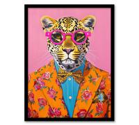 Artery8 Dandy Leopard Floral Suit Glasses Bow Tie Vibrant Living Room Artwork Framed Wall Art Print A4