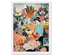 Artery8 Danish Pastel Aesthetic Flower Market Watercolour Painting Woman Bouquet Artwork Framed Wall Art Print A4