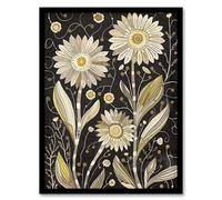 Artery8 Dark Daisy Flowers Artwork Rustic Floral Quirky Living Room Artwork Framed Wall Art Print A4