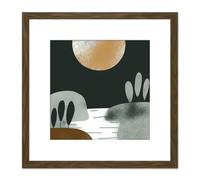 Artery8 Dark Green Gold Simple Boho Abstract Full Moon Sun Landscape Pastel Bohemian Painting Square Wooden Framed Wall Art Print Picture 8X8 Inch Artery8 Brown