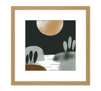 Artery8 Dark Green Gold Simple Boho Abstract Full Moon Sun Landscape Pastel Bohemian Painting Square Wooden Framed Wall Art Print Picture 8X8 Inch Artery8 Light Oak
