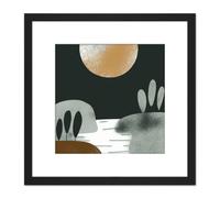 Artery8 Dark Green Gold Simple Boho Abstract Full Moon Sun Landscape Pastel Bohemian Painting Square Wooden Framed Wall Art Print Picture 8X8 Inch Artery8 Black