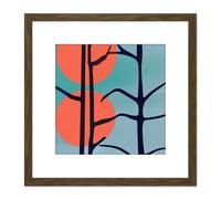 Artery8 Dark Tree Outline Modern Pattern Detail With Two Suns Coral & Teal Square Wooden Framed Wall Art Print Picture 8X8 Inch in Brown Artery8 Brown