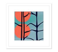Artery8 Dark Tree Outline Modern Pattern Detail With Two Suns Coral & Teal Square Wooden Framed Wall Art Print Picture 8X8 Inch in White Artery8 White