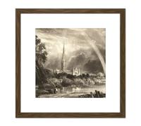 Artery8 David Lucas Salisbury Cathedral From Meadows Painting 8X8 Inch Square Wooden Framed Wall Art Print Picture with Mount in Brown Artery8 Brown