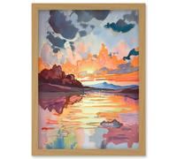 Artery8 Dawn Break Atmospheric Clouds Over Mono Lake Modern Watercolour Painting Artwork Framed Wall Art Print A4 in Light Oak Artery8 Light Oak
