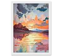 Dawn Break Atmospheric Clouds Over Mono Lake Modern Watercolour Painting Artwork Framed Wall Art Print A4 Artery8 White One Size