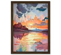 Dawn Break Atmospheric Clouds Over Mono Lake Modern Watercolour Painting Artwork Framed Wall Art Print A4 Artery8 Brown One Size