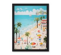 Artery8 Day at the Beach Summer Holidays Stylised Artwork Pastel Colour Vacation Tourists Coastal Landscape Artwork Framed Wall Art Print 18X24 Inch