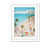 Artery8 Day at the Beach Summer Holidays Stylised Artwork Pastel Colour Vacation Tourists Coastal Landscape Artwork Framed Wall Art Print 18X24 Inch