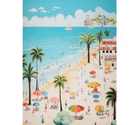 Artery8 Day at the Beach Summer Holidays Stylised Artwork Pastel Colour Vacation Tourists Coastal Landscape Large Wall Art Poster Print Thick Paper 18X24 Inch