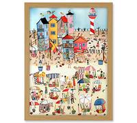 Artery8 Day At The Seaside Abstract Folk Art Artwork Framed A3 Wall Art Print