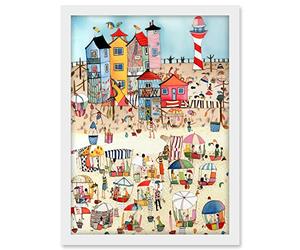 Artery8 Day At The Seaside Abstract Folk Art Artwork Framed A3 Wall Art Print