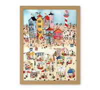 Artery8 Day At The Seaside Abstract Folk Art Artwork Framed Wall Art Print 18X24 Inch
