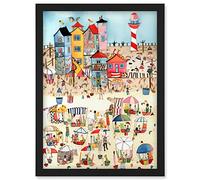 Artery8 Day At The Seaside Abstract Folk Art Artwork Framed Wall Art Print A4