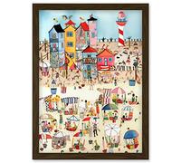 Artery8 Day At The Seaside Abstract Folk Art Artwork Framed Wall Art Print A4