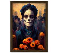 Artery8 Day Of Dead Skull Marigold Flowers Artwork Framed Wall Art Print A4 in Brown Artery8 Brown