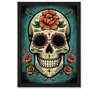 Artery8 Day of Dead Skull Old School USA Tattoo Ink Body Rockabilly Americana 50s Artwork Framed A3 Wall Art Print