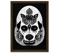 Artery8 Day Of The Dead Dog Head Doodle Pattern Drawing Skull Artwork Framed Wall Art Print A4 in Brown Artery8 Brown