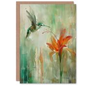 Artery8 Greeting Card Daylily Flower Hummingbird Orange Green Painting For Her Woman Birthday Card