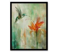 Artery8 Daylily Flower Hummingbird Orange Green Painting Living Room Artwork Framed Wall Art Print 18X24 Inch