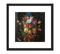 Artery8 De Heem Still Life Festoon Of Fruit & Flowers 8X8 Inch Square Wooden Framed Wall Art Print Picture with Mount in Black Artery8 Black
