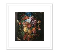 Artery8 De Heem Still Life Festoon Of Fruit & Flowers 8X8 Inch Square Wooden Framed Wall Art Print Picture with Mount in White Artery8 White