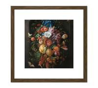 Artery8 De Heem Still Life Festoon Of Fruit & Flowers 8X8 Inch Square Wooden Framed Wall Art Print Picture with Mount in Brown Artery8 Brown