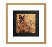 Artery8 De Riquer Composition Winged Nymph Blowing Amongst Reeds 8X8 Inch Square Wooden Framed Wall Art Print Picture with Mount in Light Oak Artery8 Light Oak