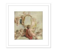 Artery8 De Wit Putti With Mirrors Cherub Babies Painting 8X8 Inch Square Wooden Framed Wall Art Print Picture with Mount in White Artery8 White