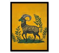 Artery8 Decorated Goat Spirit Yellow Green Folk Art Living Room Artwork Framed Wall Art Print 18X24 Inch