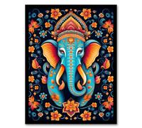 Artery8 Decorated Indian Elephant with Flower Pattern Vibrant Blue Orange Hindu Floral Design Artwork Framed Wall Art Print 18X24 Inch