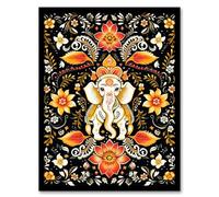 Artery8 Decorated Indian Elephant with Flower Patterns Vibrant Ornate Floral Design Orange and White on Black Artwork Framed Wall Art Print 18X24 Inch
