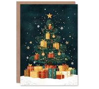 Artery8 Decorated Tree Present Baubles Folk Art Blank For Him Or Her Art Xmas Festive Christmas Card