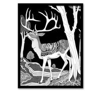 Deer Black White Tribal Pattern Forest Landscape Framed Art Print Artery8 Black A4