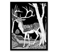 Deer Black White Tribal Pattern Forest Landscape Framed Art Print Artery8 Black A4