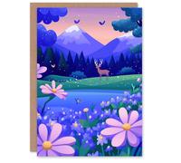 Artery8 Deer Butterflies Magical Forest Wildflower Meadow Greeting Card in Blue Artery8 Blue