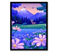 Deer Butterflies Magical Forest Wildflower Meadow Framed Art Print Artery8 Blue A4